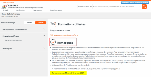 Remarques dans Établissements